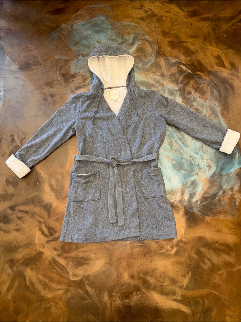 Victoria's Secret Gray Hooded Kids Wrap Jacket with White Sherpa Trim